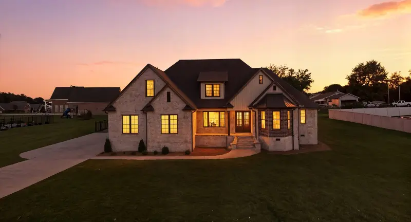 Brick home at dusk